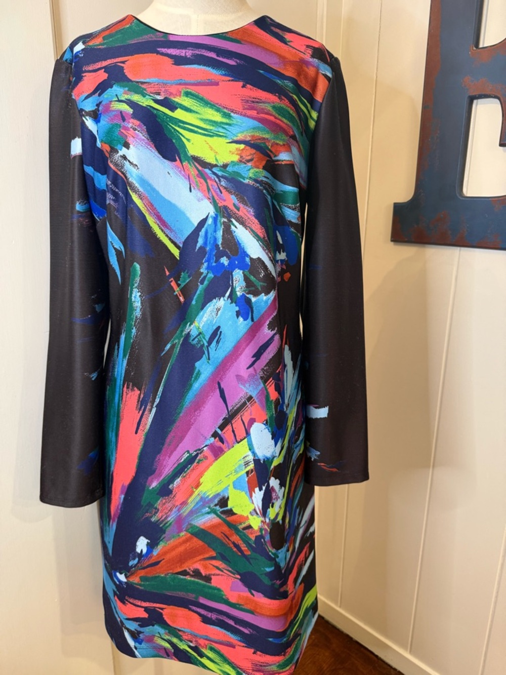 Maia Long Sleeve Abstract Brushstroke Shift Dress in Multicolor Black Sz 12
